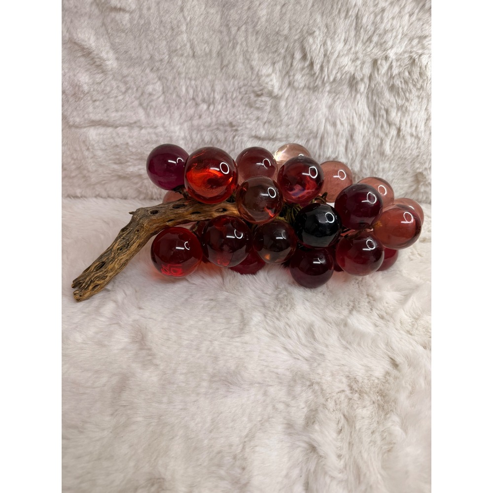 Vintage Lucite Large Grape Cluster Red Amber MCM Cholla Wood Driftwood Decor 15"